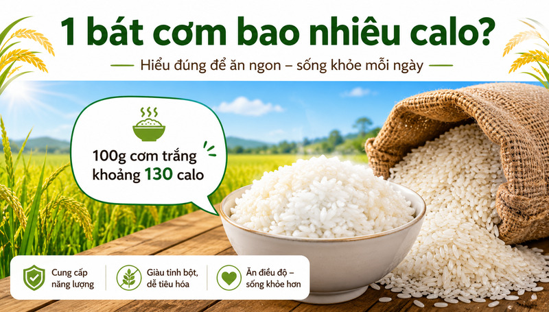 Một bát cơm trắng vừa thường chứa khoảng 200–240 calo, tùy lượng cơm và kích thước bát.